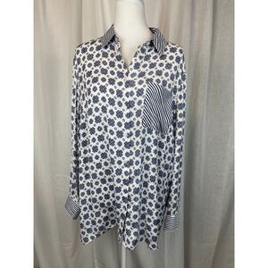 Chico’s Blue Floral & Striped Button-Up Shirt Classic Collared Blouse Size 12/14